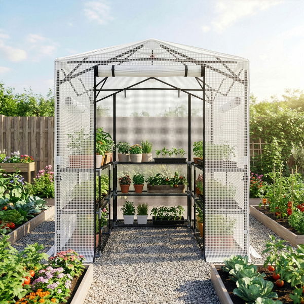 8*6FT PE布花房 白色PE布 黑底银花铁管  一键尖顶 两侧带双窗户 带对侧双拉链卷门 带地钉风绳-9