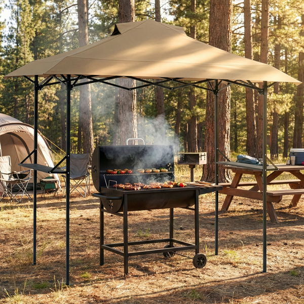 5X8FT 卡其色 顶布带通风口 折叠挑檐框架  烧烤棚 涤纶布 黑色喷塑框架 两边带网格托盘 配拎包-15