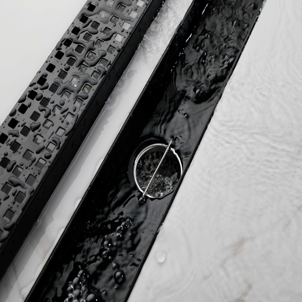 24英寸线性淋浴地漏，带可拆卸方格纹格栅，304不锈钢材质，配毛发过滤网与调平脚，哑光黑色-6