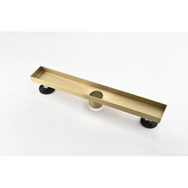 12英寸线性淋浴地漏，带可拆卸方格纹格栅，304不锈钢材质，配毛发过滤网与调平脚，拉丝金色-4