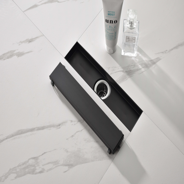 12英寸线性淋浴地漏，带二合一平面/嵌砖两用可拆卸盖板，304不锈钢材质，配毛发过滤网与调平脚，哑光黑色-5