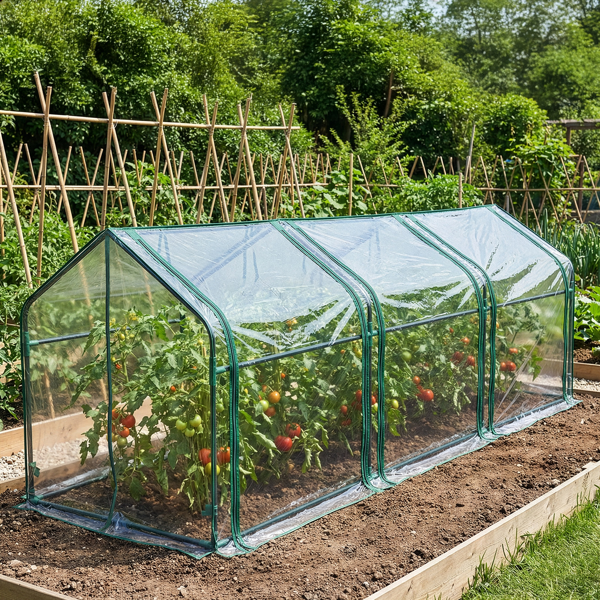 106*36*36in  透明PVC 墨绿色铁管 尖顶 三间 带三拉链卷门-7