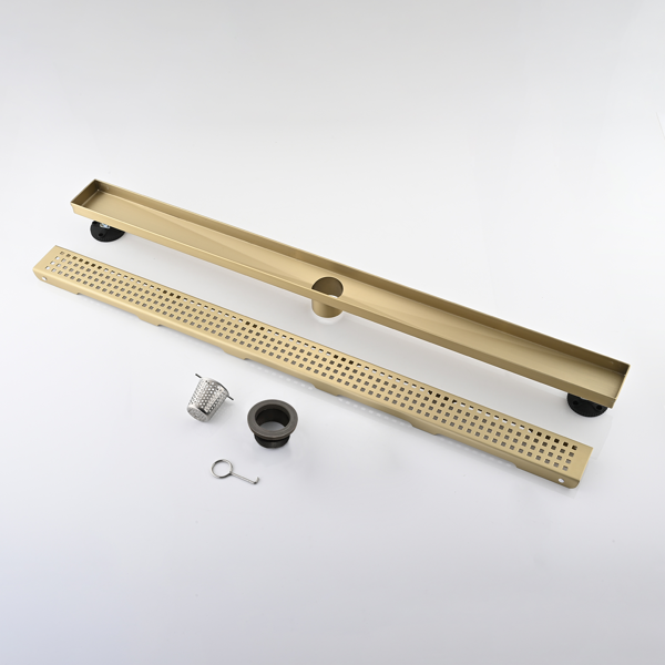 36英寸线性淋浴地漏，带可拆卸方格纹格栅，304不锈钢材质，配毛发过滤网与调平脚，拉丝金色-8