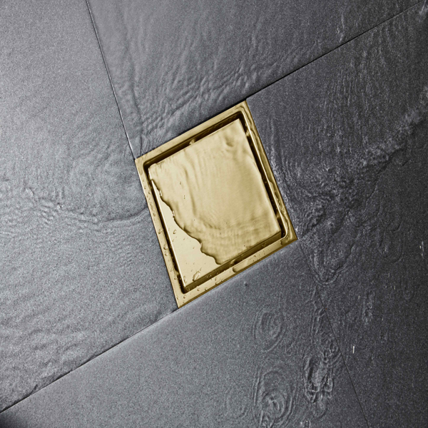 6英寸方形淋浴地漏，带二合一平面/嵌砖两用可拆卸盖板，304不锈钢材质，配法兰底座和毛发过滤网，拉丝金色-6