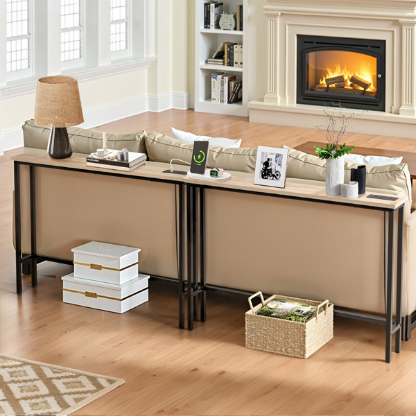 【同款编码：15819281】橡木色 2件装 三胺+铁 200*15*79cm 玄关桌 带排插（美标）-15