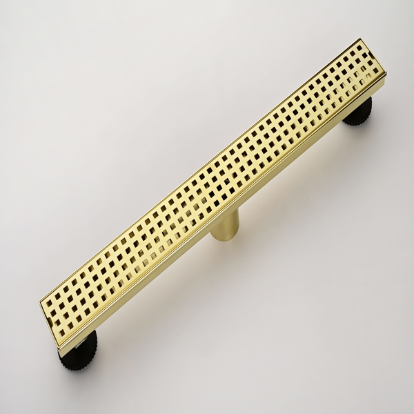 24英寸线性淋浴地漏，带可拆卸方格纹格栅，304不锈钢材质，配毛发过滤网与调平脚，拉丝金色-7