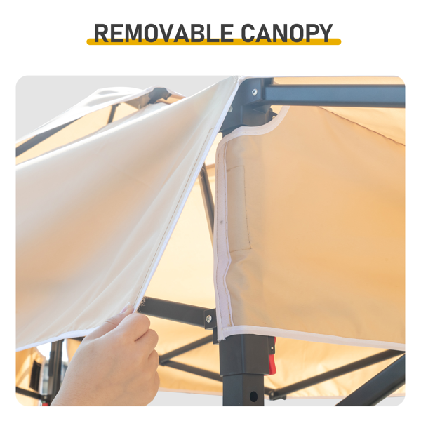 3.3X12.5FT 卡其色 双顶 折叠框架 烧烤棚 涤纶布 黑色喷塑框架 带两侧可调遮阳板 两边带网格托盘 配拎包-15