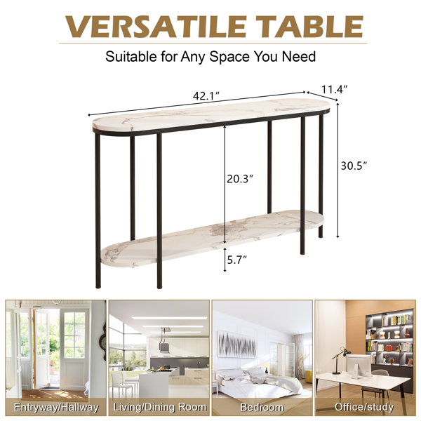 【同款编码：40085878】2层长椭圆形 玄关桌 白色大理石面 黑色框架 密度板贴三胺 铁件 107*29*77cm-6
