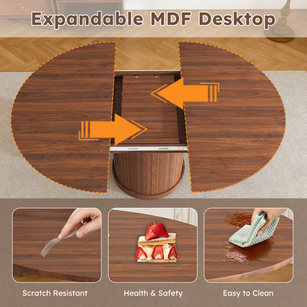 59英寸可伸缩椭圆形餐桌套装，配4把胡桃木餐椅，47-59英寸无导轨可伸缩餐桌，带双层储物空间，PU软垫实木餐椅，底座式设计，适合4-6人使用。-18