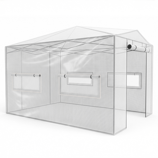 8*12FT PE布花房 白色PE布 黑底银花铁管 一键尖顶 两侧带双窗户 带对侧双拉链卷门带小窗 带地钉风绳-5