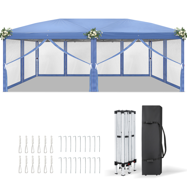 10*20ft  蓝色  一键撑开6片纱网-2门4纱网 28/22MM脚管 10X20MM交叉杆 折叠棚  210D牛津布  喷塑铁管 配拎包 无沙袋-4