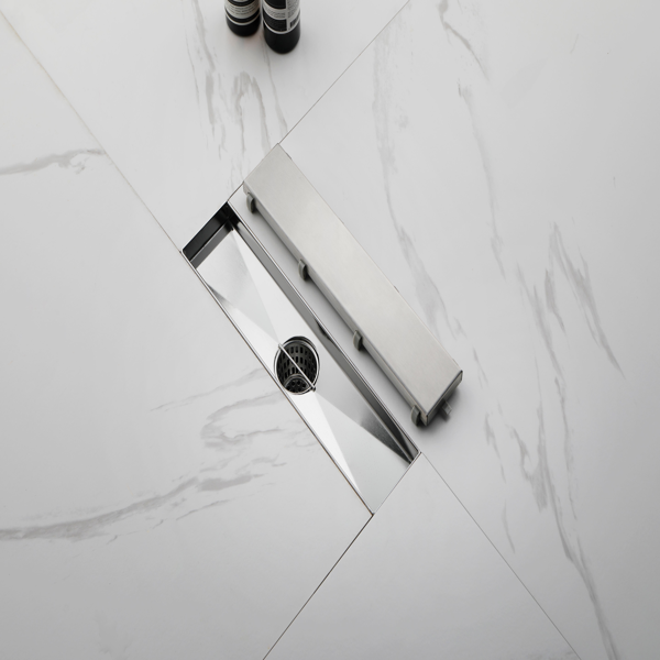 12英寸线性淋浴地漏，带二合一平面/嵌砖两用可拆卸盖板，304不锈钢材质，配毛发过滤网与调平脚，拉丝镍-5