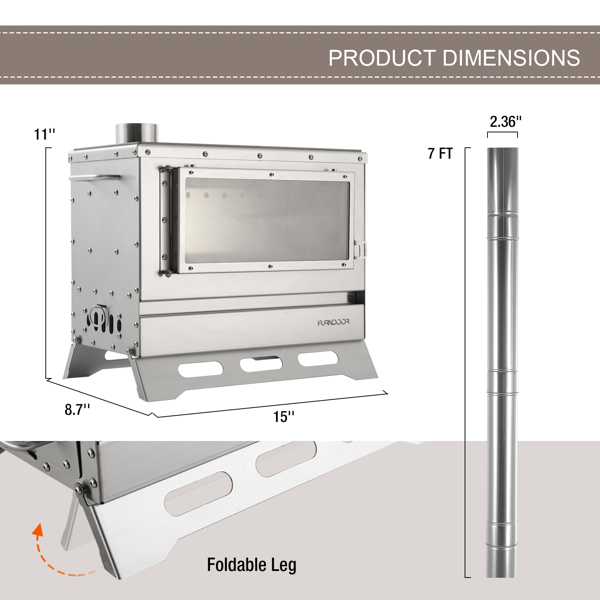 热帐篷炉，木柴燃烧，配有烟囱管，便携式折叠帐篷式木柴炉，包含观察窗和携带袋，适用于户外取暖、烹饪和狩猎-2