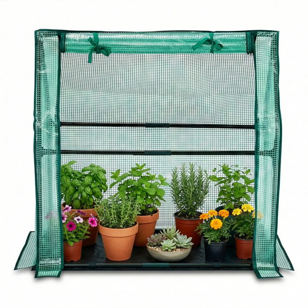 36*18*33in PE布花房 绿色PE布 墨绿色铁管 尖顶 带PE地垫 带拉链卷门-9