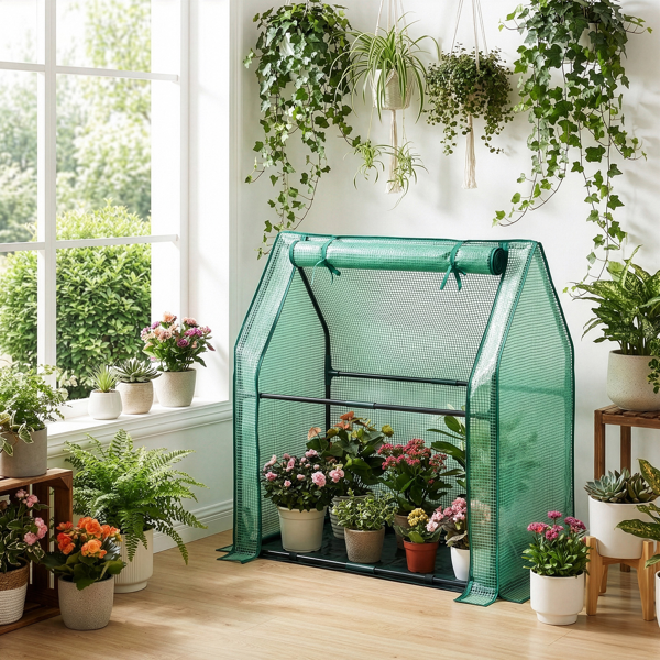 36*18*33in PE布花房 绿色PE布 墨绿色铁管 尖顶 带PE地垫 带拉链卷门-19