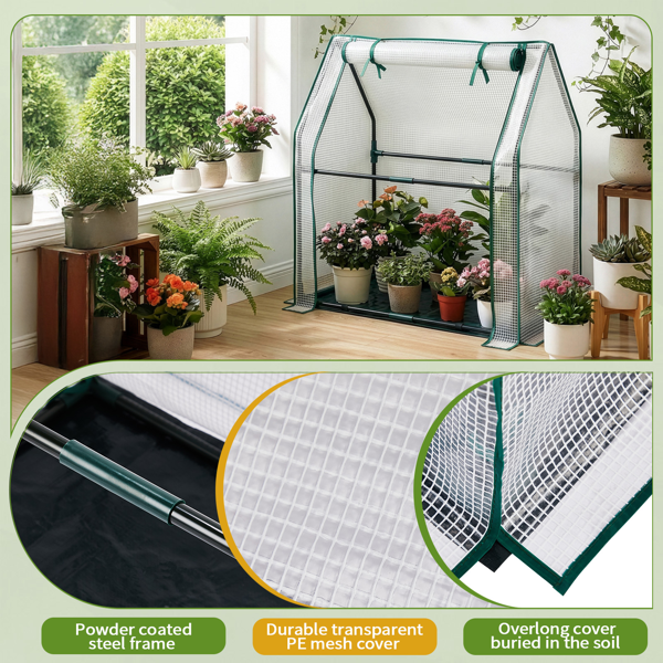 36*18*33in PE布花房 白色PE布 墨绿色铁管 尖顶 带PE地垫 带拉链卷门-9