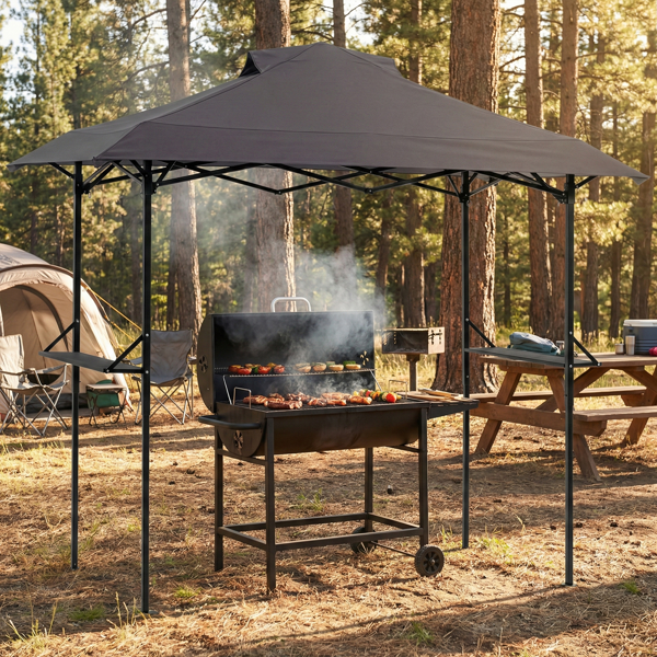 5X8FT 深灰色 顶布带通风口 折叠挑檐框架  烧烤棚 涤纶布 黑色喷塑框架 两边带网格托盘 配拎包-12