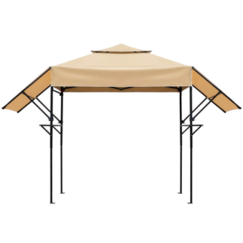 3.3X12.5FT 卡其色 双顶 折叠框架 烧烤棚 涤纶布 黑色喷塑框架 带两侧可调遮阳板 两边带网格托盘 配拎包