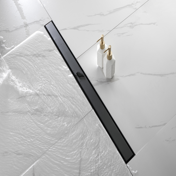 36英寸线性淋浴地漏，带二合一平面/嵌砖两用可拆卸盖板，304不锈钢材质，配毛发过滤网与调平脚，哑光黑色-3