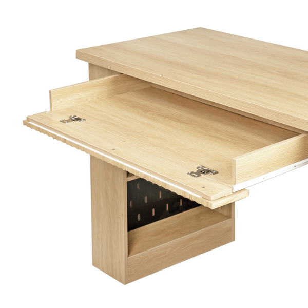 55英寸现代波纹办公桌，带储物柜和抽屉，电脑书桌，配备电源插座、洞洞板、内置置物架和键盘托盘，适用于书房、客厅、家庭办公室，浅橡木色。-16