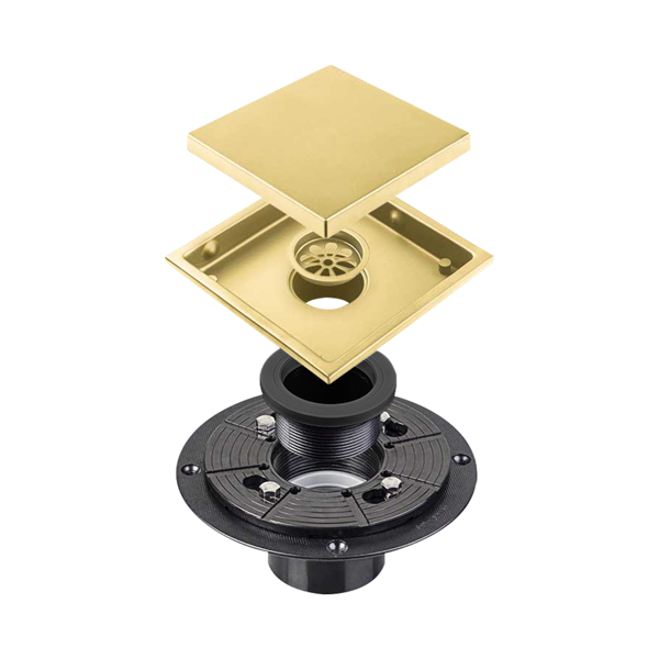 6英寸方形淋浴地漏，带二合一平面/嵌砖两用可拆卸盖板，304不锈钢材质，配法兰底座和毛发过滤网，拉丝金色-3