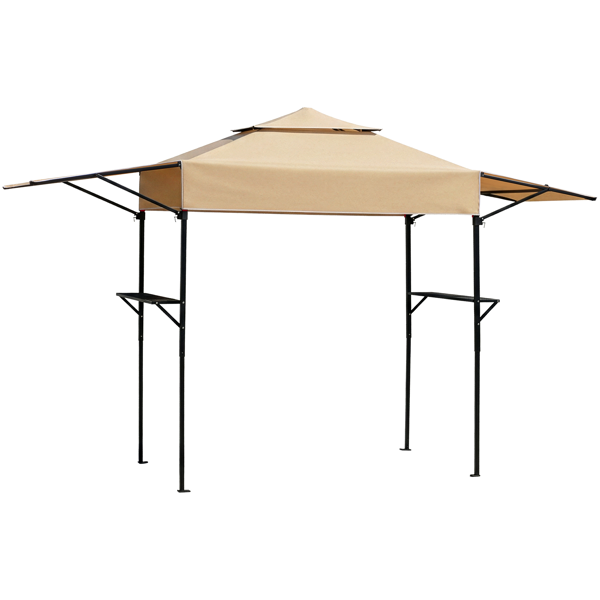 3.3X12.5FT 卡其色 双顶 折叠框架 烧烤棚 涤纶布 黑色喷塑框架 带两侧可调遮阳板 两边带网格托盘 配拎包-2