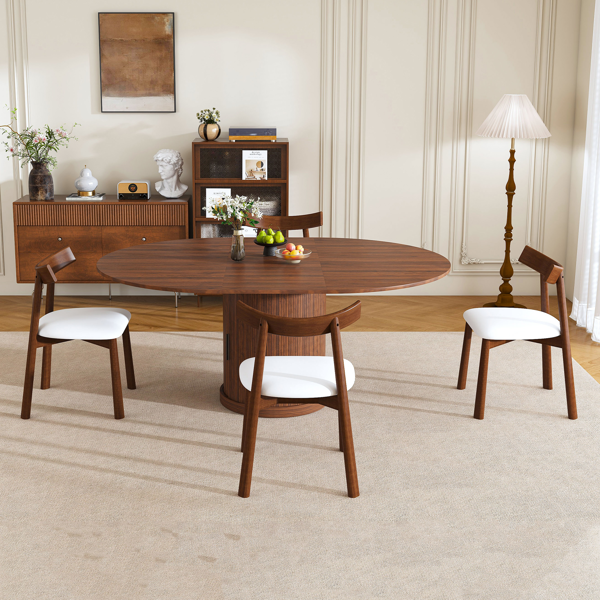 59英寸可伸缩椭圆形餐桌套装，配4把胡桃木餐椅，47-59英寸无导轨可伸缩餐桌，带双层储物空间，PU软垫实木餐椅，底座式设计，适合4-6人使用。-11