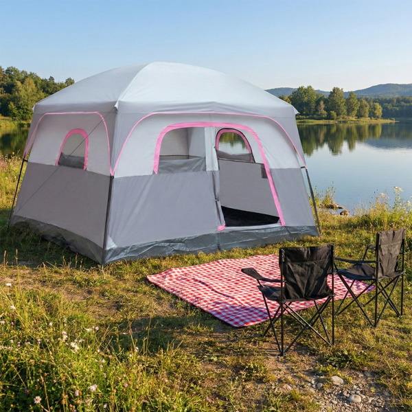 6人 灰红色 露营帐篷 涤纶布 玻纤杆 304.8*274*198cm 家庭帐篷-10