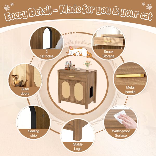 猫砂盆隐藏式家具，带抓板门和储物抽屉，木制猫咪厕所/猫屋/床头柜/收纳柜，浓咖啡色-4