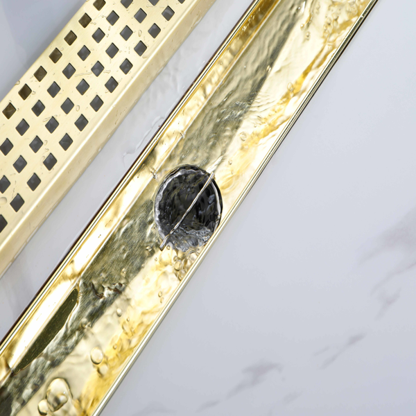 24英寸线性淋浴地漏，带可拆卸方格纹格栅，304不锈钢材质，配毛发过滤网与调平脚，拉丝金色-6