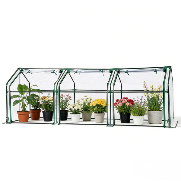 106*36*36in  透明PVC 墨绿色铁管 尖顶 三间 带三拉链卷门-17