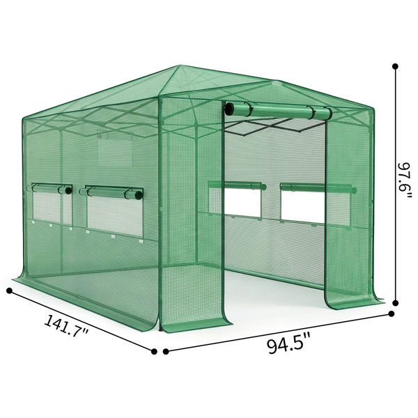 8*12FT PE布花房 绿色PE布 黑底银花铁管 一键尖顶 两侧带双窗户 带对侧双拉链卷门带小窗 带地钉风绳-2