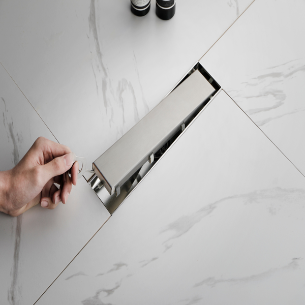 12英寸线性淋浴地漏，带二合一平面/嵌砖两用可拆卸盖板，304不锈钢材质，配毛发过滤网与调平脚，拉丝镍-4