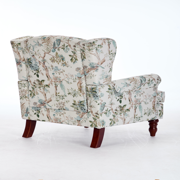 现代风格休闲椅，搭配复古木质椅腿，舒适软垫扶手椅，花卉图案单人沙发椅，适合客厅、卧室、办公室使用 - 花卉蓝鸟图案-6