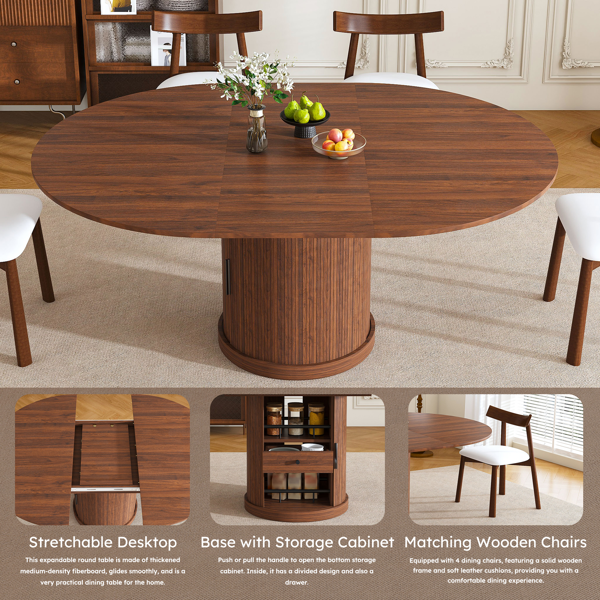 59英寸可伸缩椭圆形餐桌套装，配4把胡桃木餐椅，47-59英寸无导轨可伸缩餐桌，带双层储物空间，PU软垫实木餐椅，底座式设计，适合4-6人使用。-21