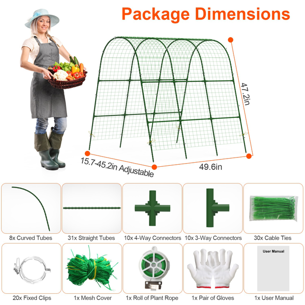 （自提可发加拿大，temu&tk下自提单）U形花园拱形藤架，适用于攀爬植物，尺寸49.6x47.2英寸（可调节宽度15.7-45.2英寸），防锈铁制黄瓜藤架配网罩及全套安装工具，轻松组装适用于高架花坛-8