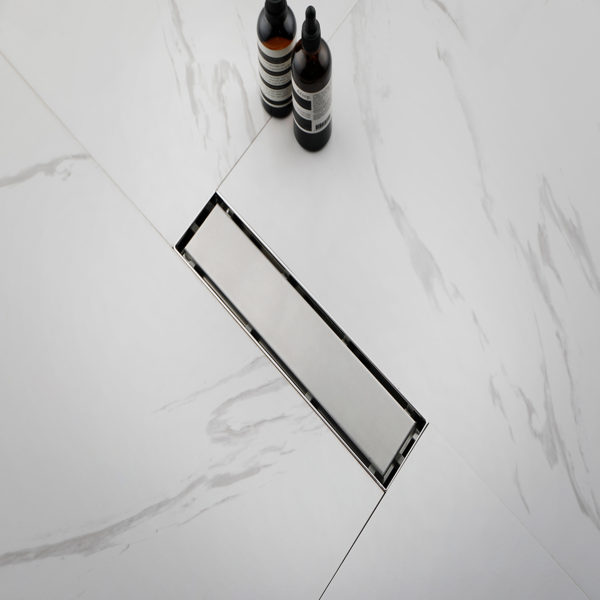 12英寸线性淋浴地漏，带二合一平面/嵌砖两用可拆卸盖板，304不锈钢材质，配毛发过滤网与调平脚，拉丝镍-2