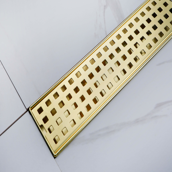 24英寸线性淋浴地漏，带可拆卸方格纹格栅，304不锈钢材质，配毛发过滤网与调平脚，拉丝金色-3