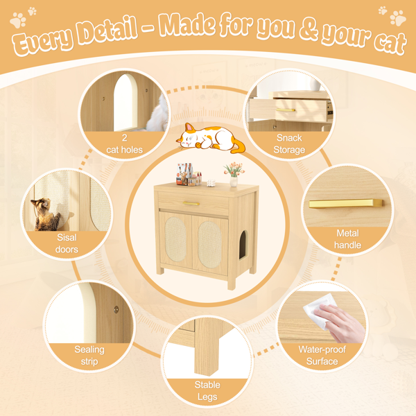 猫砂盆围栏，隐藏式猫砂盆家具，带抓板门和储物抽屉，木质浴室猫屋桌床头柜箱柜，天然色-5