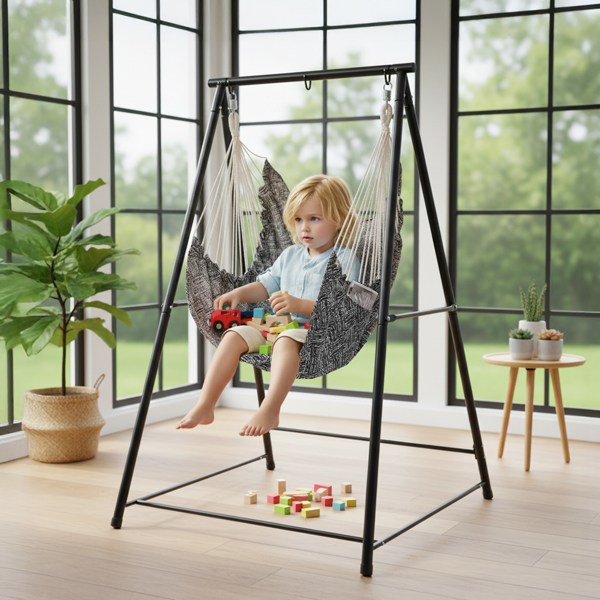 112*113*180CM 黑色架子+黑白提花色布吊椅 2个抱枕 配2个S弹簧钩 吊椅套装-8