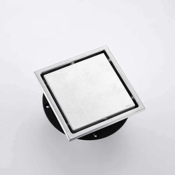 6英寸方形淋浴地漏，带二合一平面/嵌砖两用可拆卸盖板，304不锈钢材质，配法兰底座和毛发过滤网，拉丝镍-3