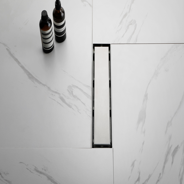 12英寸线性淋浴地漏，带二合一平面/嵌砖两用可拆卸盖板，304不锈钢材质，配毛发过滤网与调平脚，拉丝镍-13