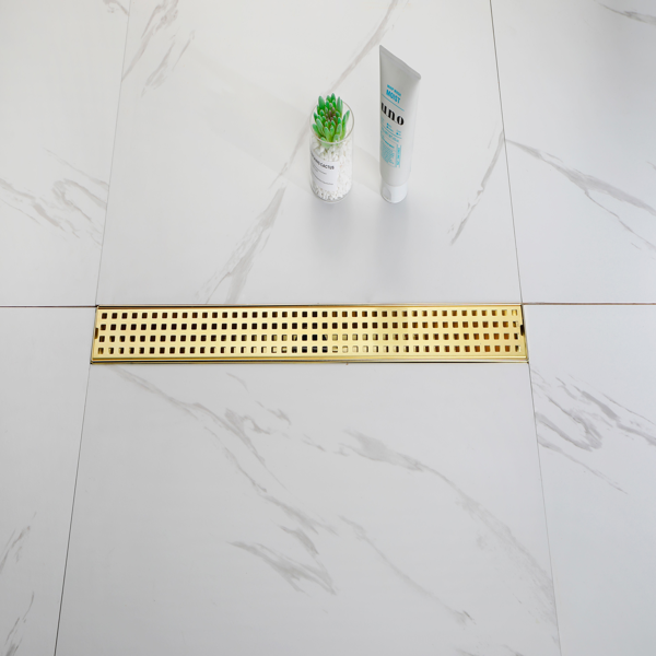 24英寸线性淋浴地漏，带可拆卸方格纹格栅，304不锈钢材质，配毛发过滤网与调平脚，拉丝金色-12