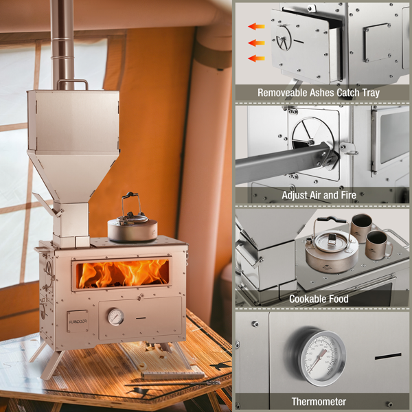 带烤箱的木柴燃烧炉 - 便携式颗粒炉，配有烟囱管，304 不锈钢户外保温帐篷式露营炉，适用于冬季狩猎、烹饪、徒步旅行，可与木材/颗粒搭配使用-6