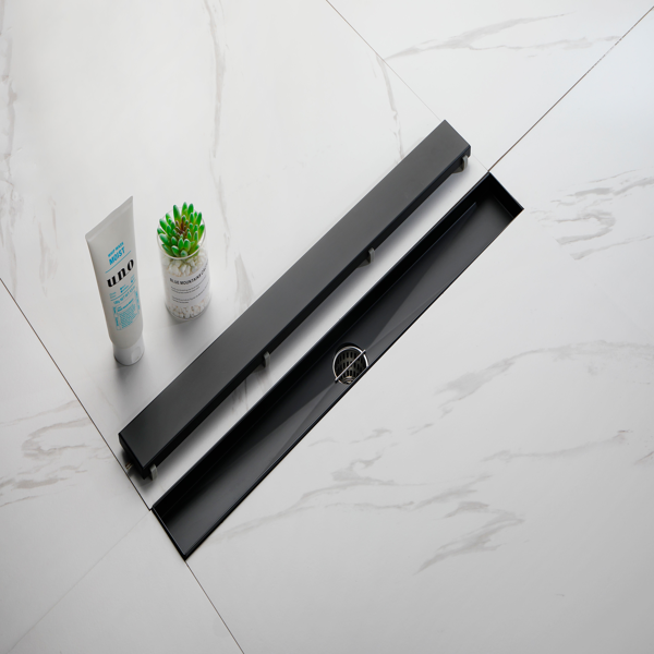 24英寸线性淋浴地漏，带二合一平面/嵌砖两用可拆卸盖板，304不锈钢材质，配毛发过滤网与调平脚，哑光黑色-5