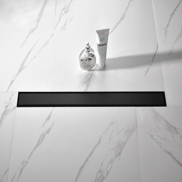 30英寸线性淋浴地漏，带二合一平面/嵌砖两用可拆卸盖板，304不锈钢材质，配毛发过滤网与调平脚，哑光黑色-2