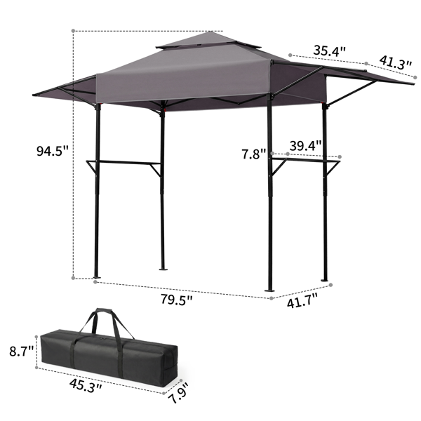 3.3X12.5FT 深灰色 双顶 折叠框架 烧烤棚 涤纶布 黑色喷塑框架 带两侧可调遮阳板 两边带网格托盘 配拎包-4