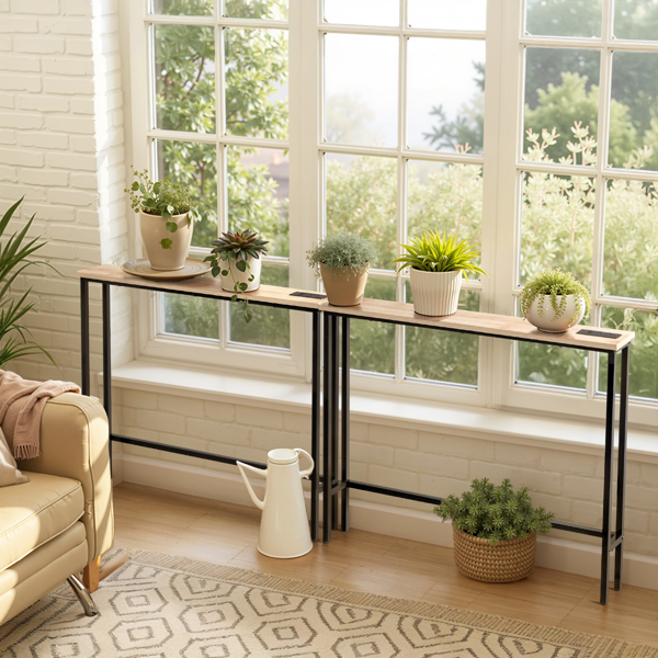 【同款编码：15819281】橡木色 2件装 三胺+铁 200*15*79cm 玄关桌 带排插（美标）-13