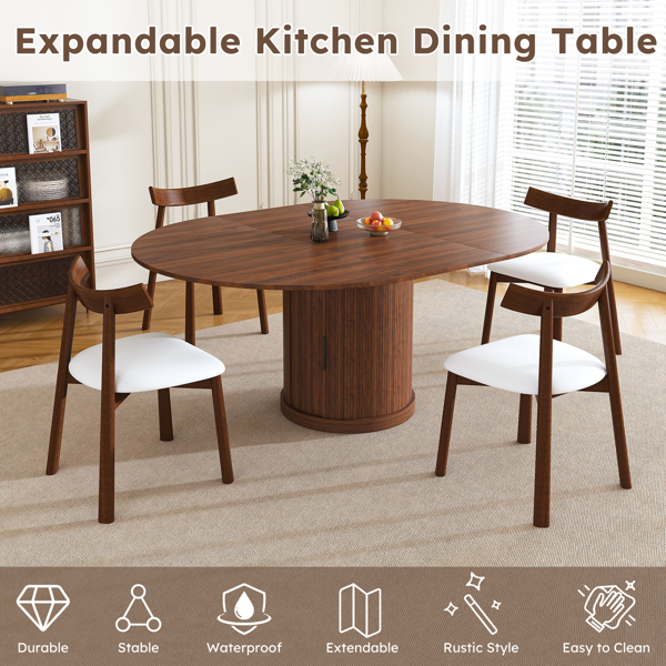 59英寸可伸缩椭圆形餐桌套装，配4把胡桃木餐椅，47-59英寸无导轨可伸缩餐桌，带双层储物空间，PU软垫实木餐椅，底座式设计，适合4-6人使用。-16