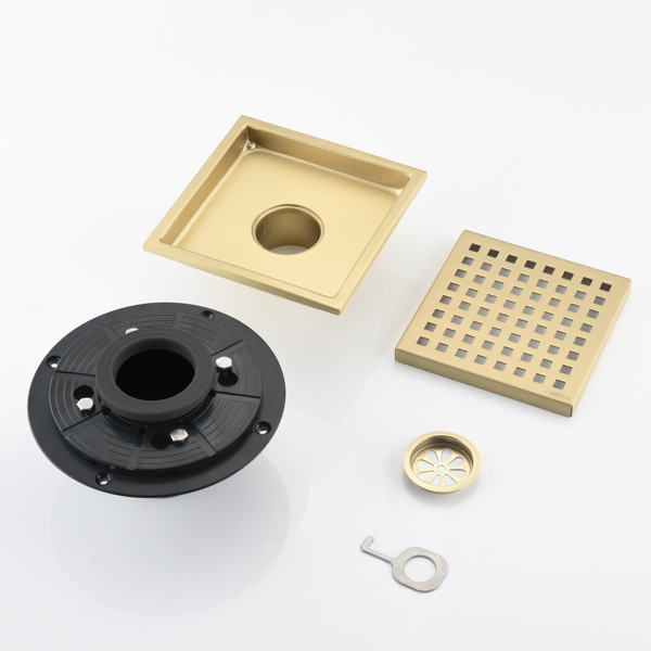 6英寸方形淋浴地漏，带可拆卸方格纹格栅，304不锈钢材质，配法兰底座和毛发过滤网，拉丝金色-9